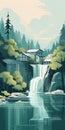 Minimalist Waterfall Illustration Of House In Forest By The Lake