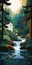 Minimalist Waterfall Illustration Of House In Forest By Lake
