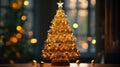 Minimalist background with golden artificial Christmas tree. Shiny decorated Christmas tree with Christmas baubles Royalty Free Stock Photo