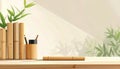 Minimalist bamboo desk setup with bamboo stationery and plants creates serene workspace. Generative AI Royalty Free Stock Photo