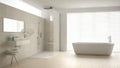 Minimalist bathroom with bathtub and shower, parquet floor and m Royalty Free Stock Photo