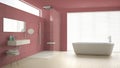 Minimalist bathroom with bathtub and shower, parquet floor and m Royalty Free Stock Photo