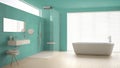 Minimalist bathroom with bathtub and shower, parquet floor and m Royalty Free Stock Photo