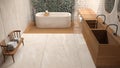 Minimalist bathroom in beige tones, japanese zen style, exterior eco garden with ivy, limestone walls and wooden floor. Bathtub Royalty Free Stock Photo