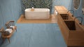 Minimalist bathroom in blue tones, japanese zen style, exterior eco garden with ivy, concrete walls and wooden floor. Bathtub and Royalty Free Stock Photo