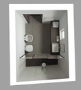 Minimalist bathroom in dark wooden tones, concrete tiles floor, large shower, washbasin with mirror, ceramic toilet and bidet. Top Royalty Free Stock Photo