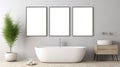 Minimalist Bathroom Decor: Grey Wooden Frames, Tub, Plant, And Vanity