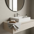 A minimalist bathroom features a rectangular white ceramic sink atop a light wood countertop. A Royalty Free Stock Photo