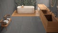 Minimalist bathroom in gray tones, japanese zen style, exterior eco garden with ivy, concrete walls and wooden floor. Bathtub and Royalty Free Stock Photo