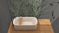 Minimalist bathroom in gray tones, japanese zen style, exterior eco garden with ivy, concrete walls, wooden floor. Freestanding Royalty Free Stock Photo