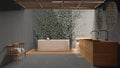Minimalist bathroom in gray tones, japanese zen style, exterior eco garden with ivy, limestone walls and wooden floor, bamboo Royalty Free Stock Photo