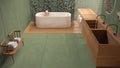 Minimalist bathroom in green tones, japanese zen style, exterior eco garden with ivy, concrete walls and wooden floor. Bathtub and Royalty Free Stock Photo