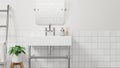 Minimalist bathroom interior design with modern washbasin, mirror, ladder, indoor plant and white wall Royalty Free Stock Photo