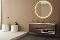 minimalist bathroom interior, modern bathroom cabinet, double sink, oval mirror, concrete flooring, accessories, bathtub Royalty Free Stock Photo