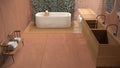 Minimalist bathroom in orange tones, japanese zen style, exterior eco garden with ivy, concrete walls and wooden floor. Bathtub Royalty Free Stock Photo