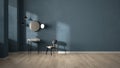 Minimalist bathroom with plaster walls and parquet floor, empty room with sink, mirror, chair and pendant lamps. Blue interior Royalty Free Stock Photo