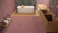 Minimalist bathroom in red tones, japanese zen style, exterior eco garden with ivy, concrete walls and wooden floor. Bathtub and Royalty Free Stock Photo