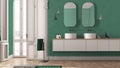 Minimalist bathroom in turquoise tones in classic apartment with arched window. Contemporary cabinet with washbasins, mirrors and