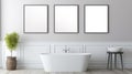 Minimalist Bathroom Wall Decor: Three Framed Posters In Modern White Bathrooms Royalty Free Stock Photo