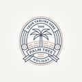 minimalist beach palm tree line art badge icon logo template vector illustration design. simple modern holiday, travel, vacation Royalty Free Stock Photo