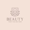 Minimalist beauty woman`s face flower badge line art icon logo template vector illustration design. simple feminine logo with Royalty Free Stock Photo