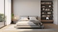 Minimalist Bedroom With Floating Bookcase And Soft Color Palette Royalty Free Stock Photo