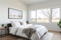a minimalist bedroom interior with a clear prairie view via ribbon windows