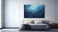 Minimalist bedroom with a king-size bed, a blue ocean painting on a gray wall with a bedside lamp hanging from the ceiling, Nordic Royalty Free Stock Photo