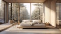 A minimalist bedroom with a large window and natural light