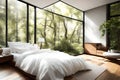 A minimalist bedroom with a platform bed, crisp white linens, and large windows overlooking a serene garden