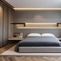 2 A minimalist bedroom with a platform bed, floating shelves, and neutral colors1, Generative AI