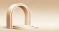 Minimalist beige archway with a tiered podium inside on a soft gradient background with subtle lighting Royalty Free Stock Photo
