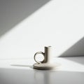 A minimalist beige ceramic candlestick holder sits on a white surface. It features a Royalty Free Stock Photo