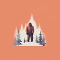 Minimalist Bigfoot Standing In Snowy Pine Trees
