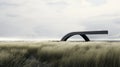 Minimalist Black Bench In A Grassy Field: Conceptual Sculpture Inspired By Dutch Seascapes