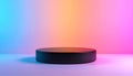 Minimalist Black Cylinder Pedestal with Gradient Neon Background Lighting platform display Royalty Free Stock Photo