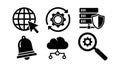 Minimalist black icons set including globe with cursor gear cycle server shield bell cloud network magnifying glass gear Royalty Free Stock Photo