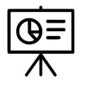 Simple line icon of a presentation board with a pie chart and data on a tripod stand Royalty Free Stock Photo