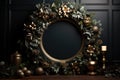 A minimalist black room with a focus on a stunning gold Christmas wreath hanging on the wall, adding a touch of festive elegance