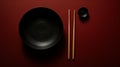 Minimalist Black Tableware Set On A Deep Red Background For Elegant Dining. Generative AI