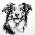 Minimalist Black And White Australian Shepherd Dog Portrait