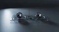 Minimalist black and white composition of two glass spheres on a rectangular glass tray with metal pole separator, modern abstract Royalty Free Stock Photo