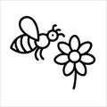 Minimalist Black and White Flower and Bee Line Drawing Royalty Free Stock Photo