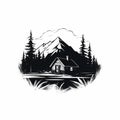 Black And White Cabin Vector Logo - Nature-inspired Lith Printing Style