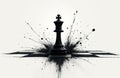 Minimalist black, white illustration of chessboard with single king piece. Sharp, stark lines define board, piece. Ink splatters Royalty Free Stock Photo