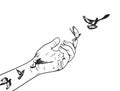 A minimalist black and white illustration depicting a hand releasing birds into the sky Royalty Free Stock Photo