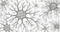 Minimalist black and white illustration of interconnected neurons forming a circular neural network with abstract letters and Royalty Free Stock Photo