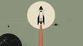 A minimalist black and white illustration of a rocket launch, capturing the ambition of human spaceflight against the