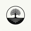 Minimalist black white illustration shows stylized tree inside circle. Tree many branches, growing above flat water surface Royalty Free Stock Photo