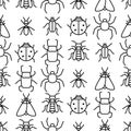 Minimalist black and white line drawing vector seamless pattern displaying various insects spiders, beetles, ladybugs, flies and Royalty Free Stock Photo